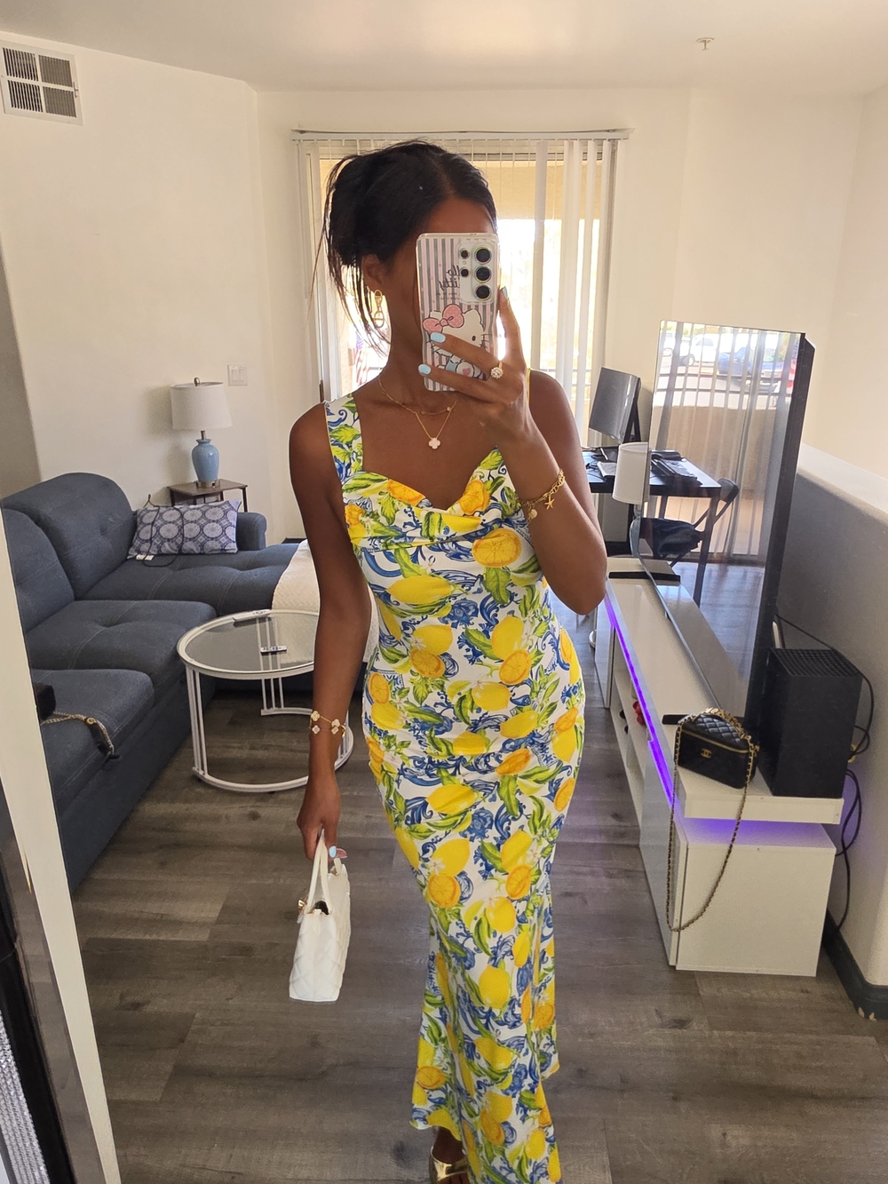 Lemon Print Sleeveless Maxi Dress - White/Yellow Very Stretchy - Picture 8 of 17